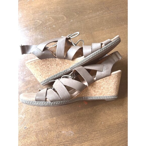 Clarks Helio Mindin Wedge Sandals Womens 10 Taupe Cork Strappy Open Toe Comfort - Picture 6 of 14